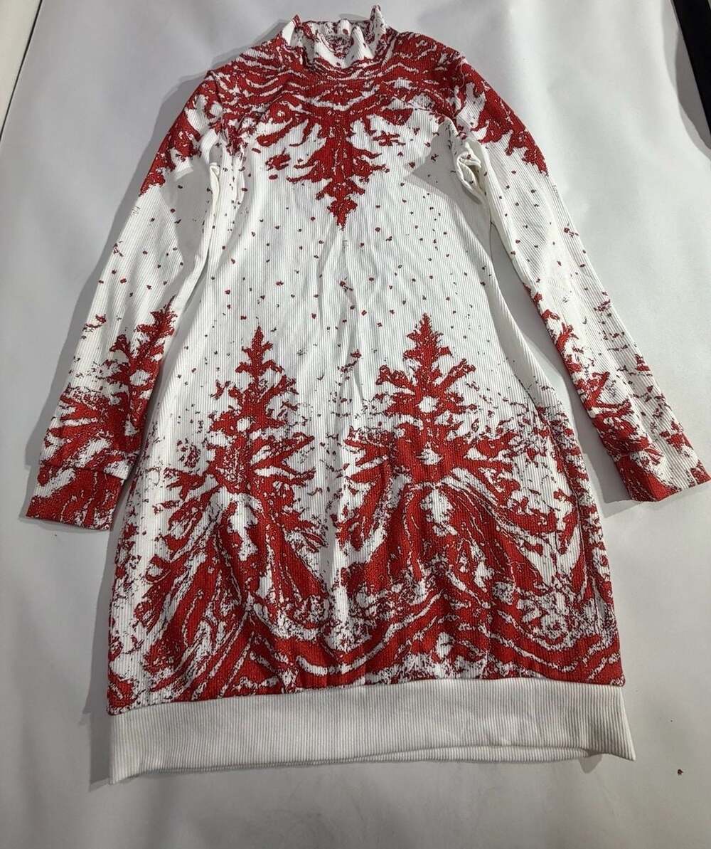 Winter Forest Printed Ribbed High Neck Mini Dress White Red L